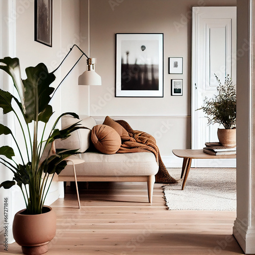 Obraz na płótnie 3D mockup of cosy interior design in beige tones, living room with modern decoration w salonie