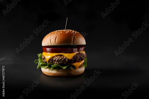 The fresh and delicious cheesy double hamburger with fries on a black background photo