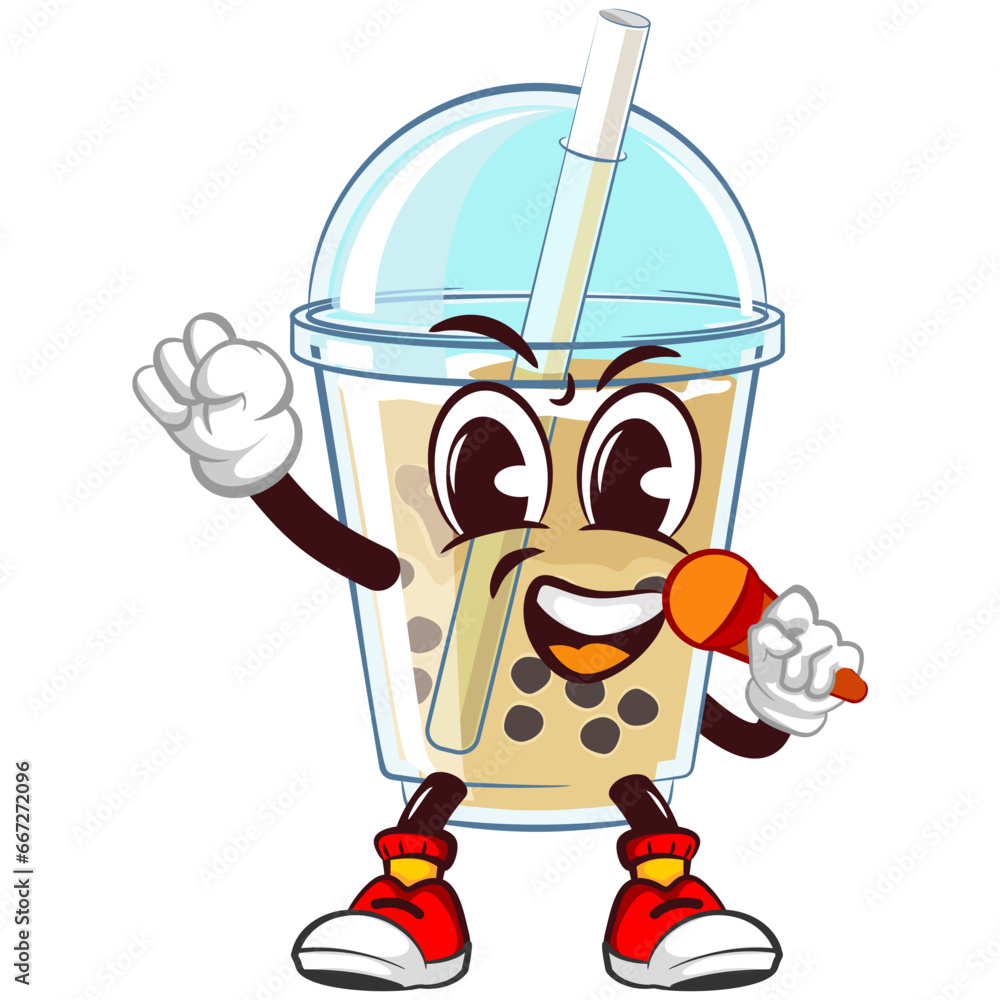 character mascot of a glass of boba ice with a funny face using a mic with enthusiasm, isolated cartoon vector illustration. emoticon, cute glass of iced boba mascot character mascot of a glass of boba ice with a funny face using a mic with enthusiasm, isolated cartoon vector illustration. emoticon, cute glass of iced boba mascot