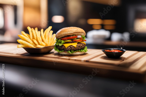 The fresh and delicious cheesy double hamburger with fries on a table in the restaurant.