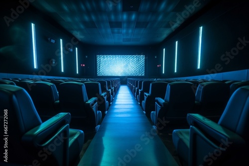 Open blue cinema seats with a projected screen. Generative AI © Silas