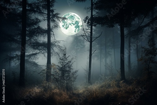 A misty night forest with fog, trees, and a full moon. Generative AI © Persephone