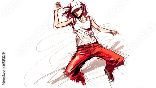 drawing with one continuous line, a young energetic woman dancing hip-hop. Generative AI