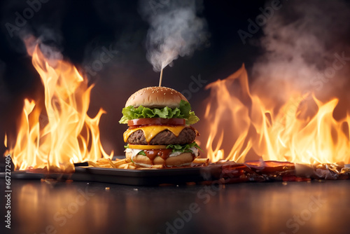 The fresh and delicious cheesy double hamburger with fries on a table in the restaurant. Fire in the background