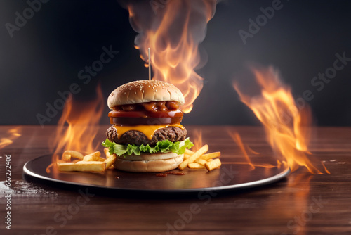 The fresh and delicious cheesy double hamburger with fries on a table in the restaurant. Fire in the background photo