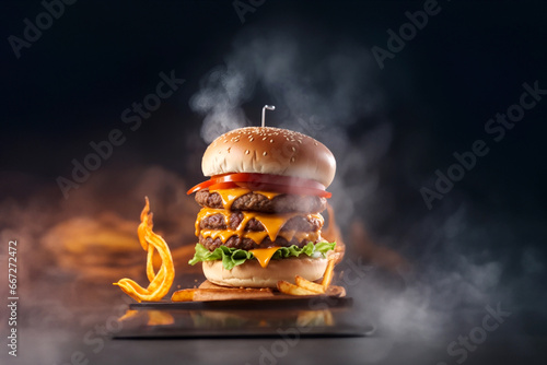 The fresh and delicious cheesy double hamburger with fries on a table in the restaurant. Fire in the background photo