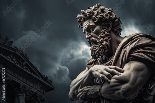 Deep thinking statue of Marcus Aurelius, the greatest stoicist philosopher. Before the storm. photo