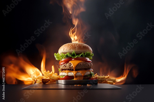 The fresh and delicious cheesy double hamburger with fries on a table in the restaurant. Fire in the background photo