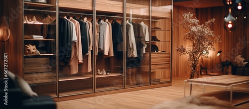 Blurred dressing room with clothes in a large wardrobe photo