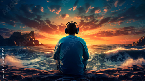 a man sitting on the ocean shore during sunset and listening to music in large headphones. illustration of harmony and enjoyment of music. Generative AI #667272830