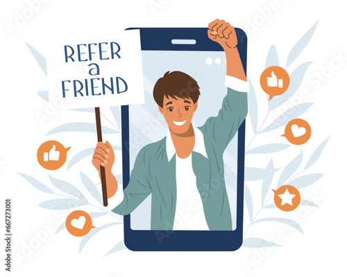 Refer a friend marketing concept. The person on the phone invites to the referral program. Social communication, social media marketing for friends. Landing page template. Vector.
