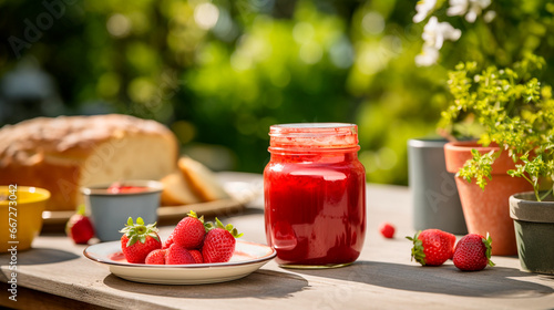 frasco de mermelada de fresas en una mesa de desayuno o brunch, de fondo un jardín verde  photo