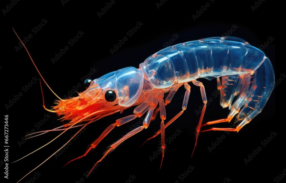 A close up of a shrimp on a black background. Generative AI. A close up of a shrimp on a black background. Generative AI.