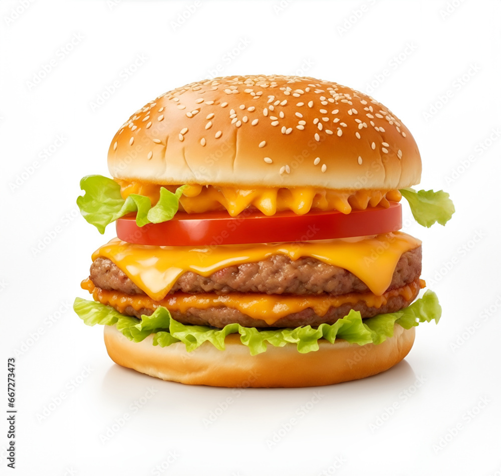 The fresh and delicious cheesy double hamburger with fries on a white background The fresh and delicious cheesy double hamburger with fries on a white background