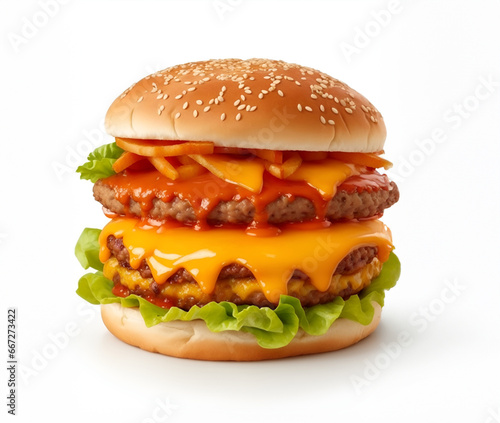 The fresh and delicious cheesy double hamburger with fries on a white background photo