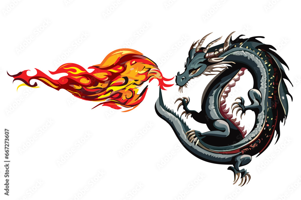 伝説上の生物, 炎を吐くドラゴン龍竜のベクターイラスト, 辰年, 年賀状素材, 白背景 Stock Vector | Adobe Stock