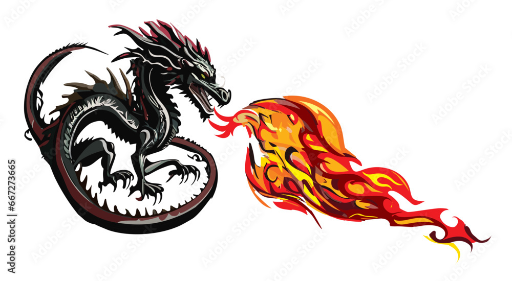 伝説上の生物, 炎を吐くドラゴン龍竜のベクターイラスト, 辰年, 年賀状素材, 白背景 Stock Vector | Adobe Stock