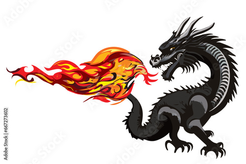 伝説上の生物, 炎を吐くドラゴン龍竜のベクターイラスト, 辰年, 年賀状素材, 白背景 © globeds