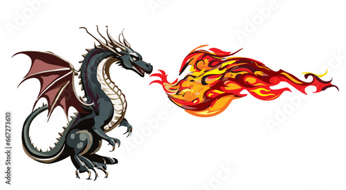 伝説上の生物, 炎を吐くドラゴン龍竜のベクターイラスト, 辰年, 年賀状素材, 白背景