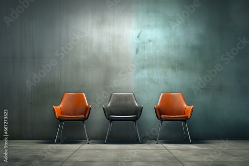 Illustration showing three chairs in front of a concrete wall. Generative AI