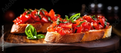 Delicious Italian appetizers bruschetta with tomato on toasted baguette topped with basil on a wooden board photo