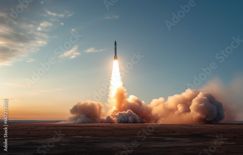 Rocket in color clouds over sky starts to space, startup concept. Generated AI © Oleksiy