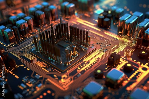 A complex technology backdrop showcasing a close-up of circuit board chips, forming a cutting-edge and electrical visual. Generative AI