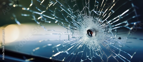 Car windshield with a bullet hole close up