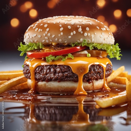 The fresh and delicious cheesy double hamburger with fries on a table in the restaurant. photo