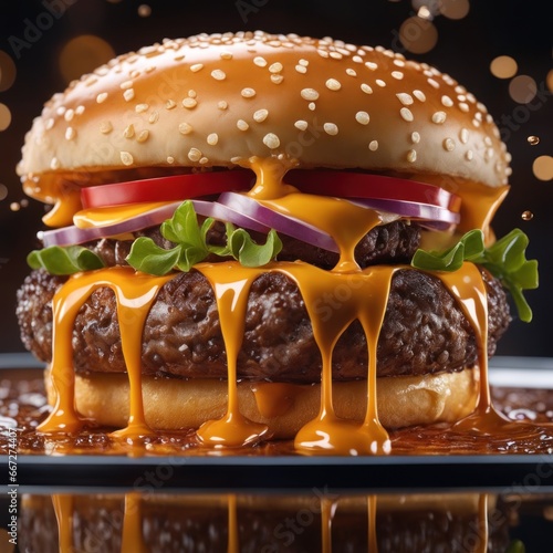 The fresh and delicious cheesy double hamburger with fries on a table in the restaurant. photo