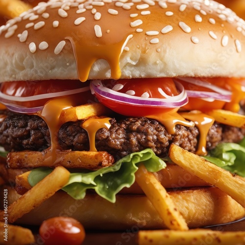 The fresh and delicious cheesy double hamburger with fries on a table in the restaurant. photo