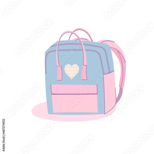 Cute blue and pink trendy backpack with heart patches, girls bag for school supplies, cartoon style. Hand drawn modern vector illustration 