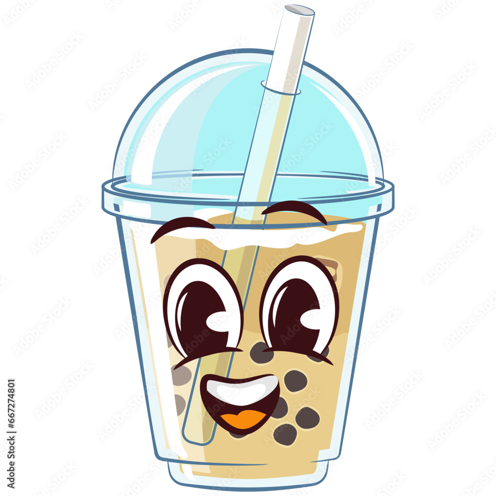 character mascot of a glass of boba ice with a funny face, isolated