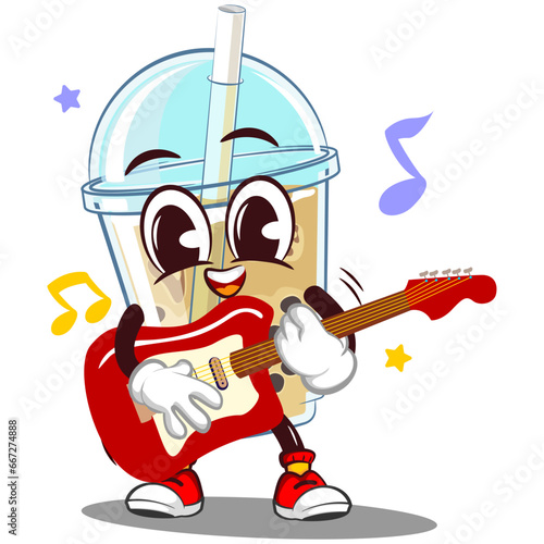 mascot character a glass of boba ice with a funny face playing guitar, isolated cartoon vector illustration. emoticon, cute boba ice glass cone mascot