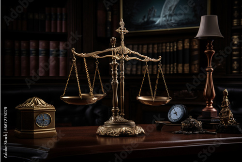 Law theme. Mallet of judge, books and candlestick.