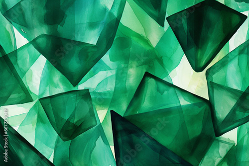 Abstract watercolor background with green and black geometric shapes. Illustration