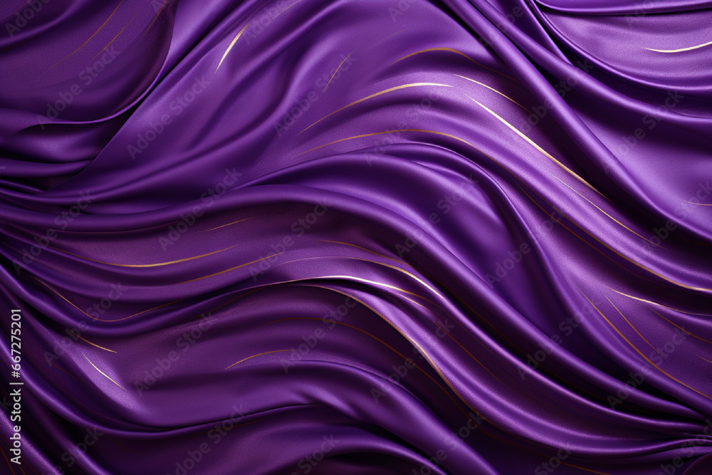Fototapeta premium Purple satin fabric texture background. Closeup of rippled purple silk fabric.