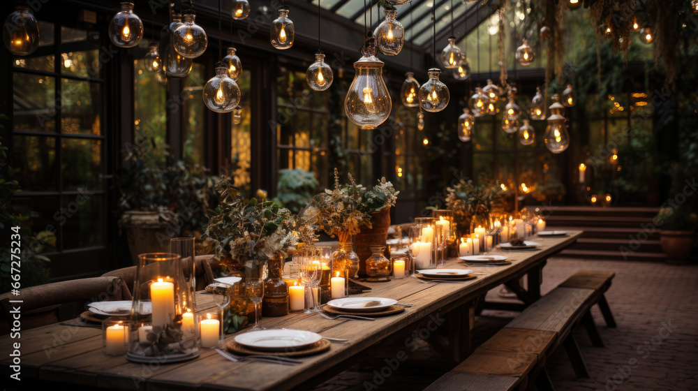 Elegant Wedding Table: A Terrace Bathed in Warmth and Light. Generative AI