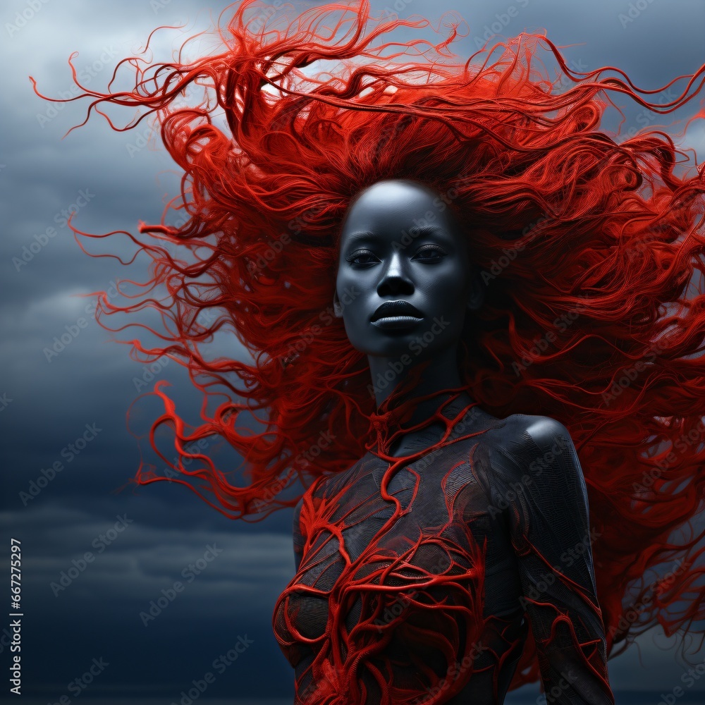 surreal black woman with red hair under the storm