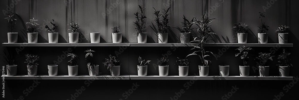 Minimalistic vertical garden, black and white, high contrast, plants appearing as ink brush strokes, meditative