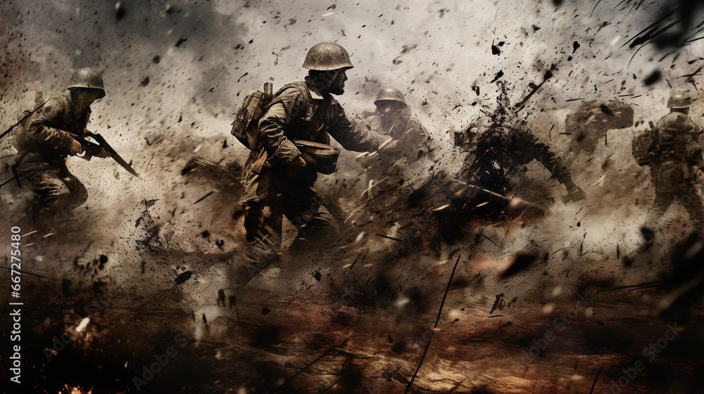 Mixed media, digital manipulation of historical war photos with abstract splashes of ink, frayed edges, sense of urgency and chaos Mixed media, digital manipulation of historical war photos with abstract splashes of ink, frayed edges, sense of urgency and chaos