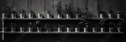Minimalistic vertical garden, black and white, high contrast, plants appearing as ink brush strokes, meditative