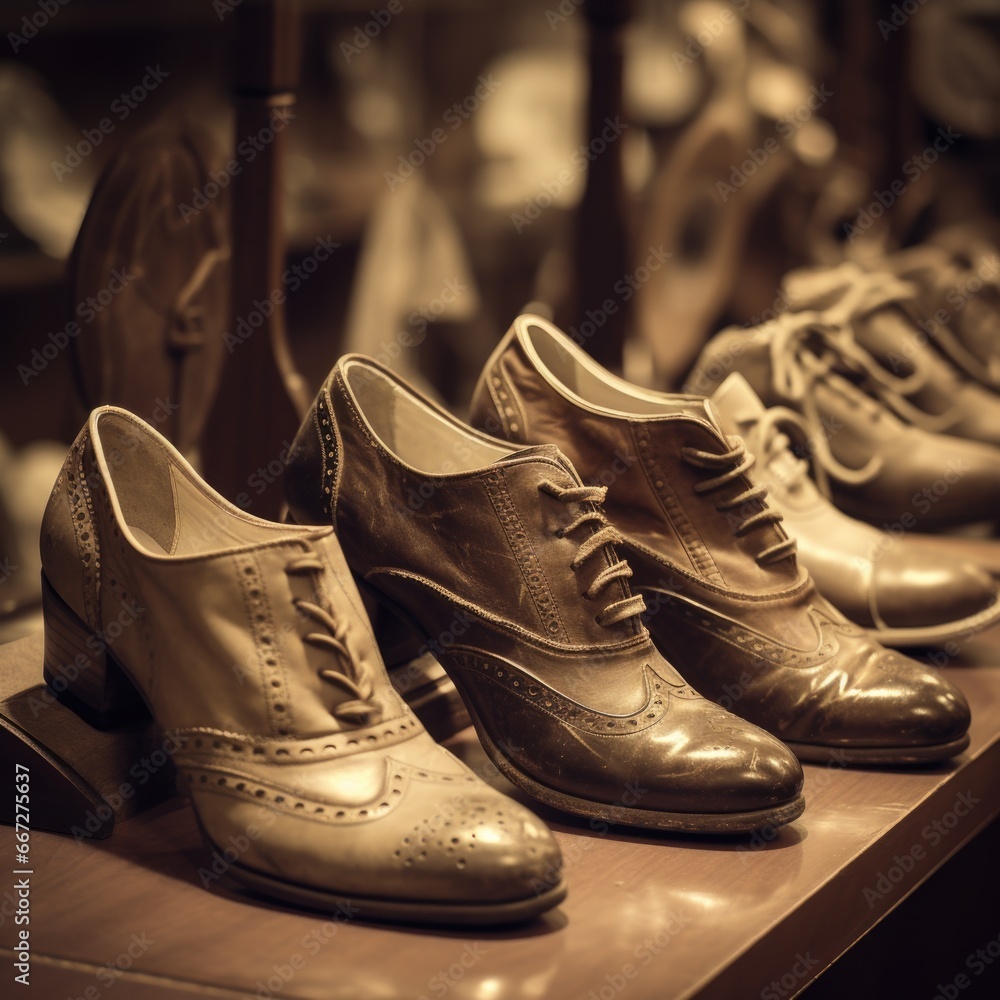 An old row of shoes is on a wooden rank. Generative AI. An old row of shoes is on a wooden rank. Generative AI.