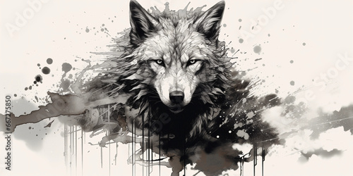 Wolf, exaggerated long voluminous hairstyle, black and white, ink splatter effect, minimalist, on a monochrome background