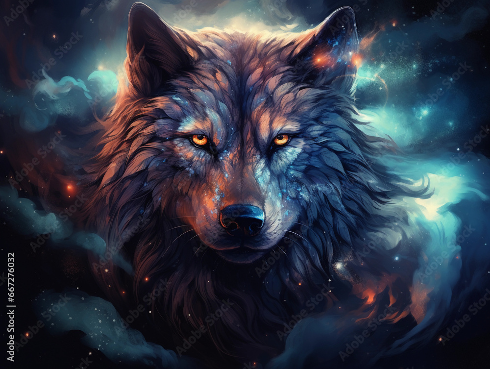 Wolf, voluminous celestial hair, surreal sky full of galaxies, set in a space void, hyper - realistic eyes, cosmic aura