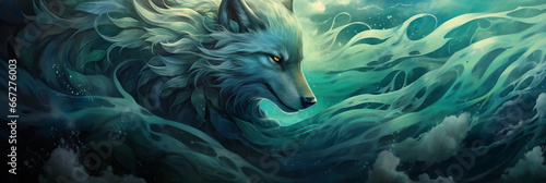 Wolf, long voluminous hair mimicking ocean waves, abstract underwater setting, marine flora and fauna, shades of blue and green