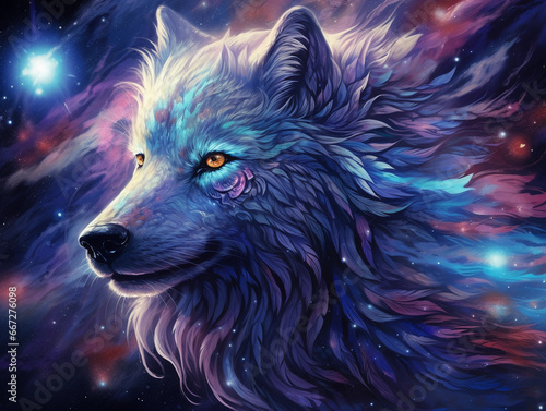 Wolf, voluminous celestial hair, surreal sky full of galaxies, set in a space void, hyper - realistic eyes, cosmic aura