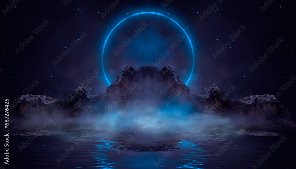 Dark fantasy mountain landscape, river bank, neon circle,.  reflection in water. 3D illustration