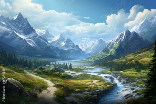 A scenic landscape featuring a road, valley, mountains, and water. Generative AI