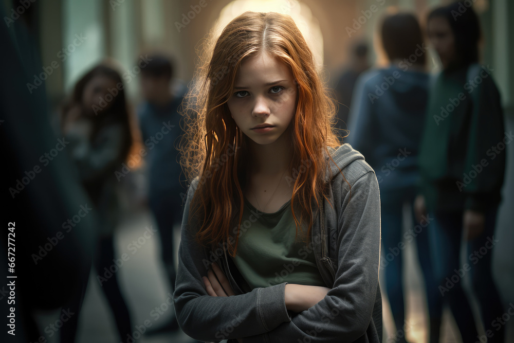 thin girls bullying a girl who is fat at school, showing the girl's insecurity and sadness. thin girls bullying a girl who is fat at school, showing the girl's insecurity and sadness.